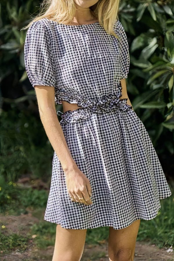 GINGHAM PLAID RUFFLE DETAIL CUT OUT MINI DRESS - BLACK