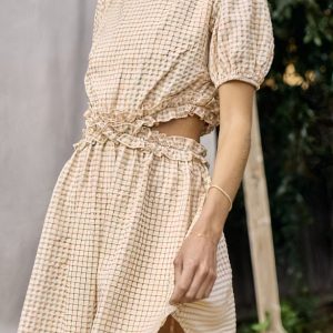 GINGHAM PLAID RUFFLE DETAIL CUT OUT MINI DRESS - LT.TAUPE